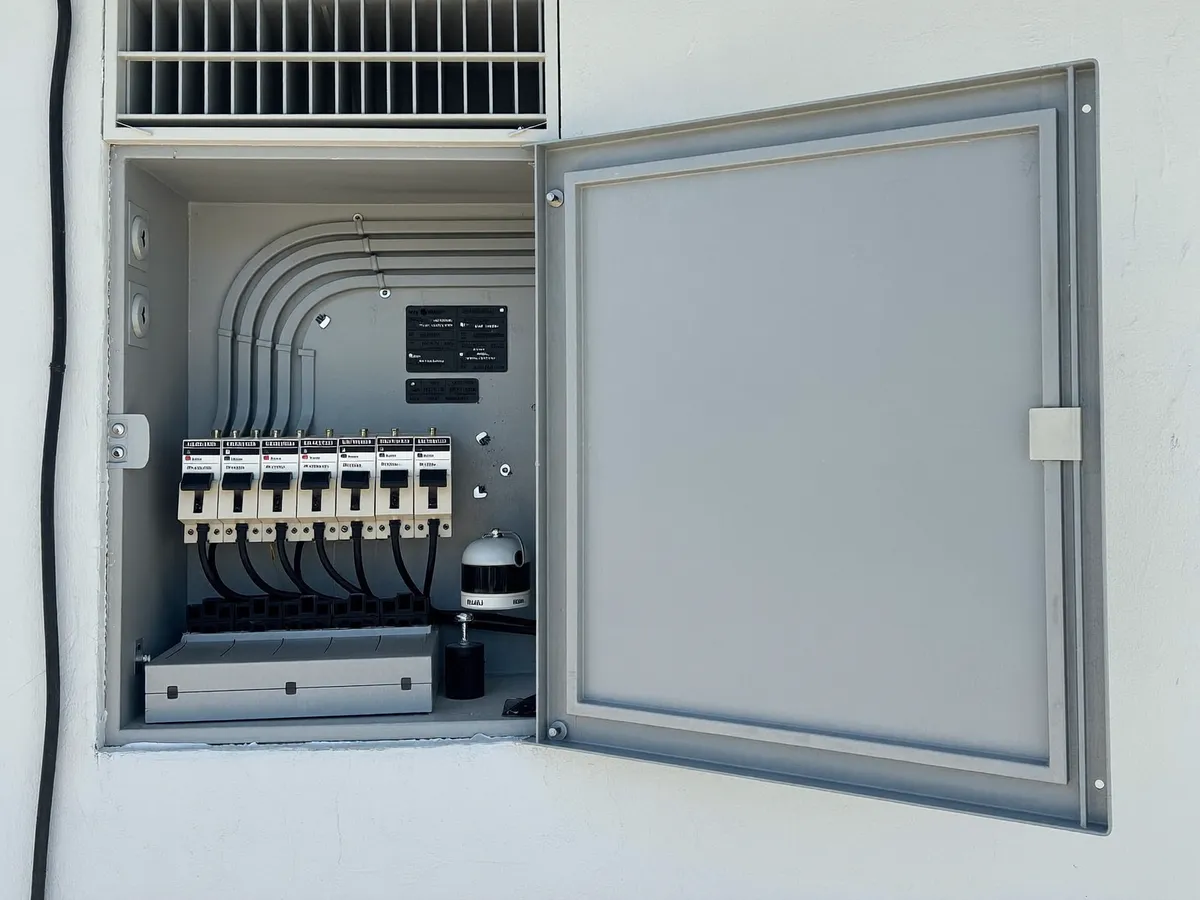 Electrical panel with rows of circuit breakers, one MCB switched off after tripping