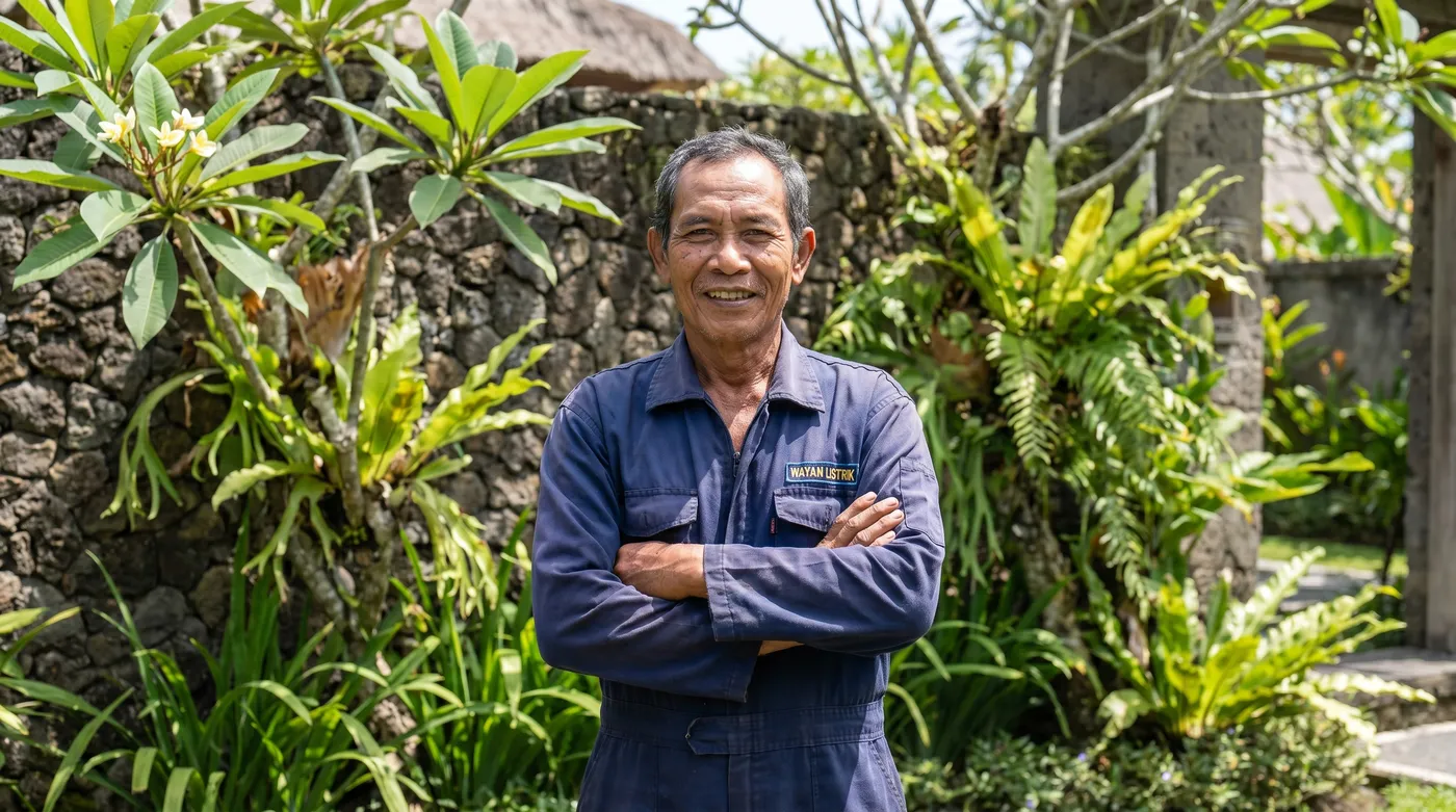 Experienced electrician in navy work coveralls standing in a Bali villa garden