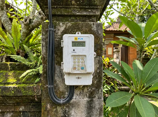 Indonesian PLN prepaid electricity meter on a Bali villa gate pillar