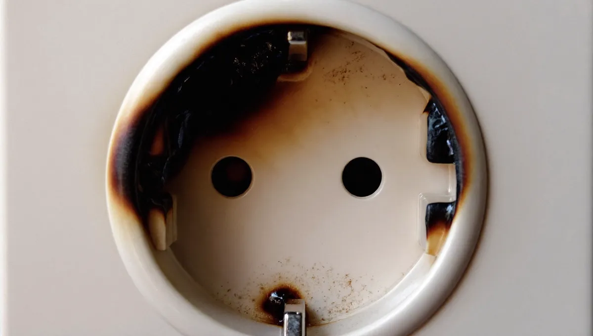 Scorched overheated power socket with burn marks, a clear electrical safety hazard