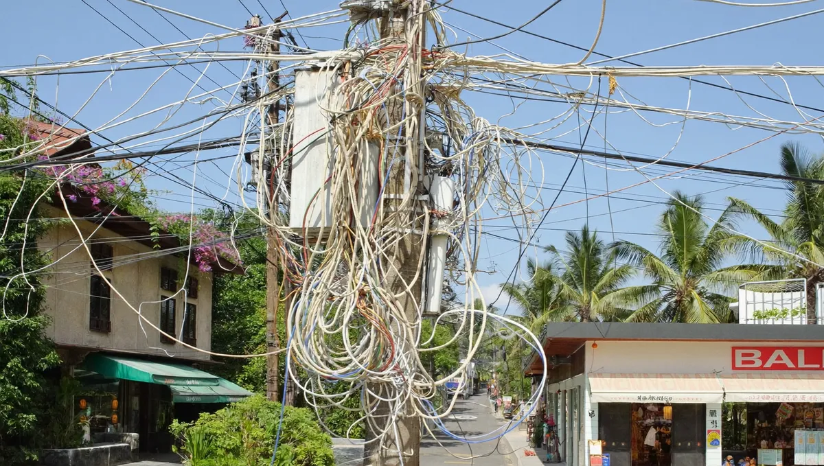 Tangled overhead power lines on a utility pole in a Bali street