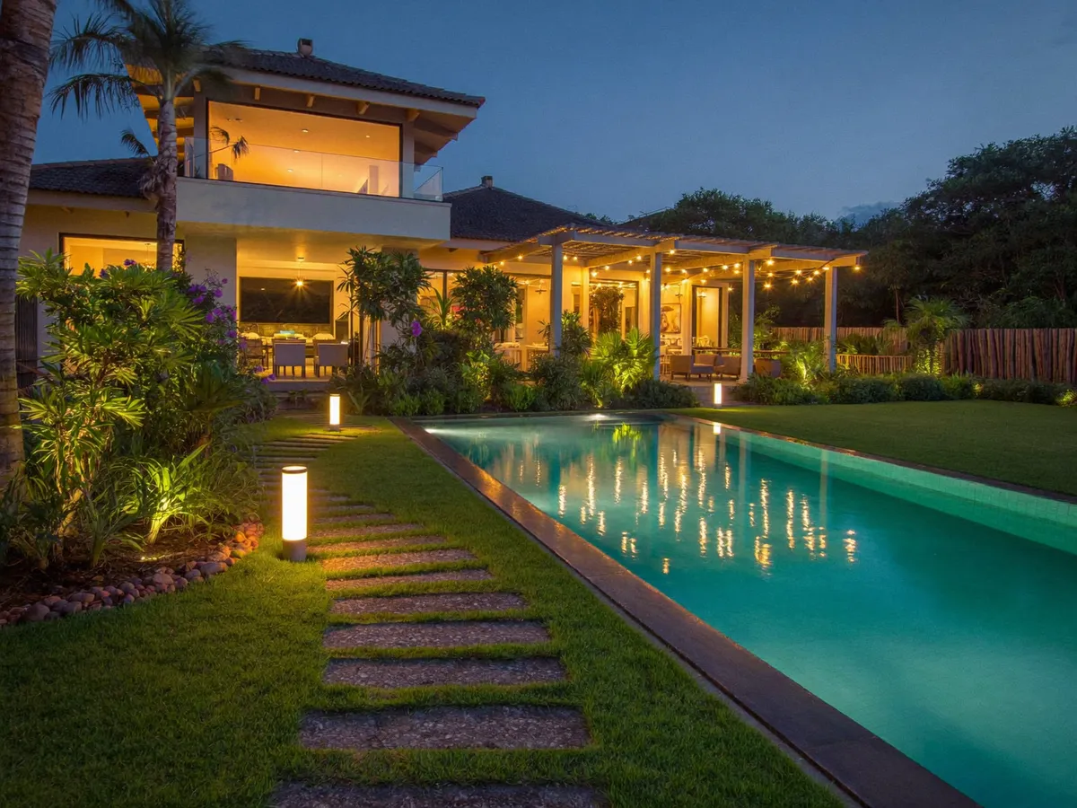 Warm garden and pool lighting of a tropical Bali villa at dusk